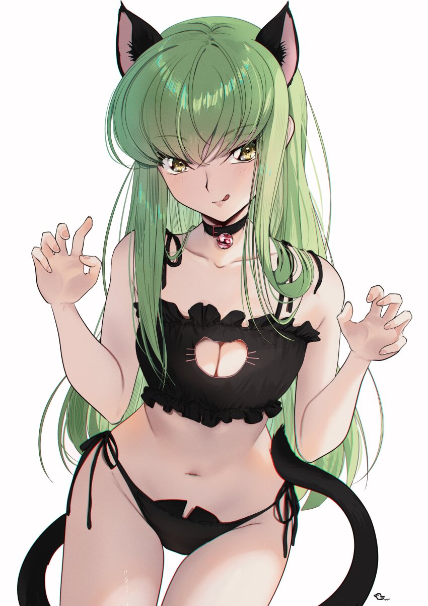 1girl :q absurdres animal_ears bell black_bra black_choker black_panties bra budgiepon c.c. cat_cutout cat_ears cat_lingerie cat_tail choker cleavage_cutout clothing_cutout code_geass collarbone green_hair hands_up highres jingle_bell long_hair looking_at_viewer navel neck_bell panties paw_pose simple_background sitting solo stomach tail tongue tongue_out underwear very_long_hair white_background yellow_eyes