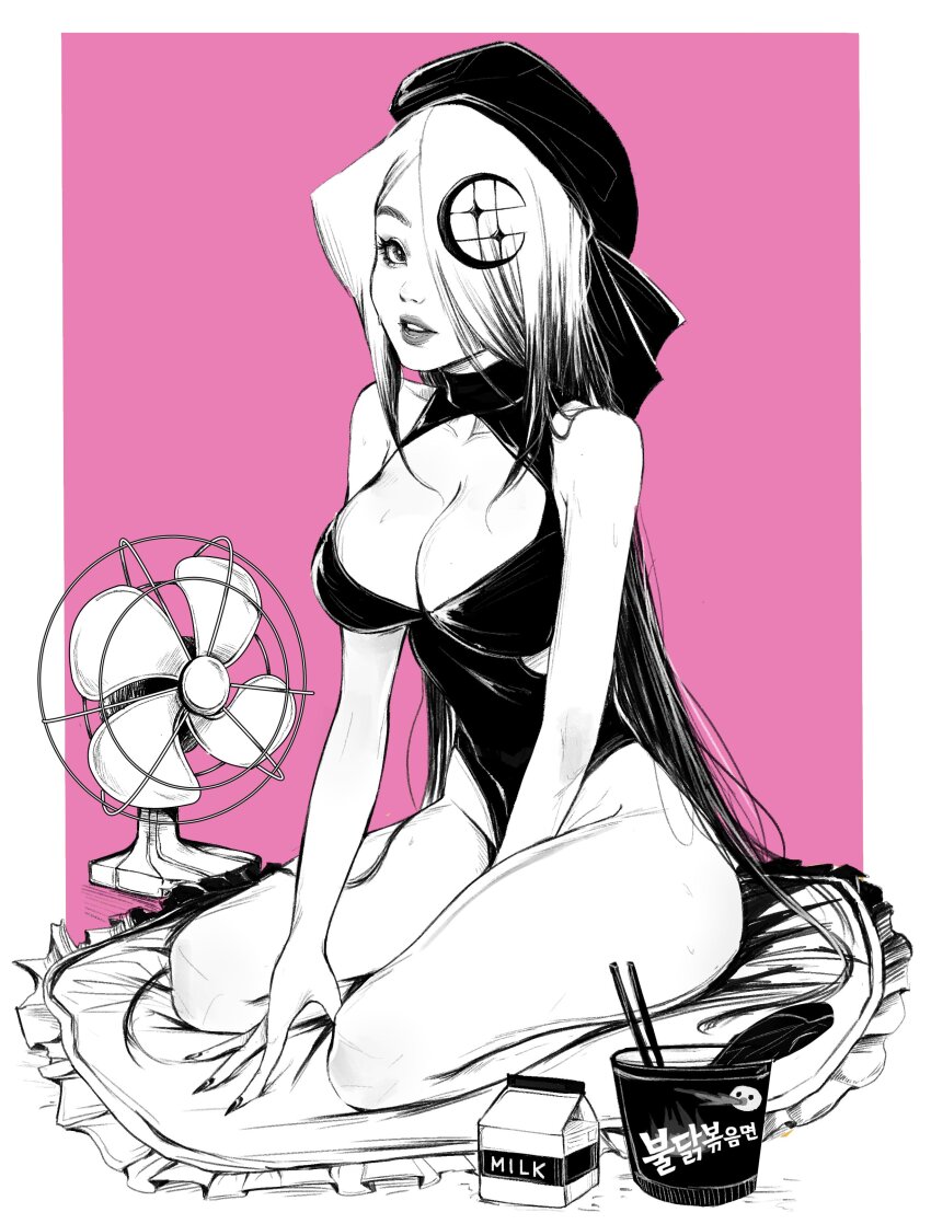 1girl absurdres between_legs breasts cleavage cleavage_cutout clothing_cutout crescent drink_carton electric_fan fingernails greyscale_with_colored_background hair_over_one_eye hand_between_legs hand_fan hat highleg highres instant_cup_noodles instant_noodles large_breasts leotard lips long_fingernails long_hair looking_at_viewer milk_carton monochrome one-piece_swimsuit one_eye_covered original parted_lips pink_background simple_background sitting solo sweat swimsuit very_long_hair zyllypepper