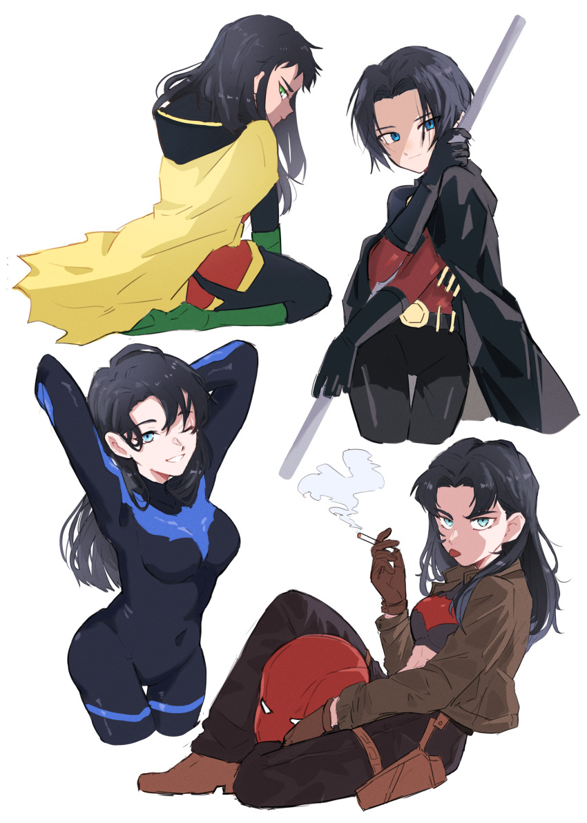4girls absurdres aonano_db arms_up black_bodysuit black_cape bodysuit cape cigarette cropped_legs damian_wayne dc_comics dick_grayson genderswap genderswap_(mtf) highres holding holding_polearm holding_weapon jason_todd kneeling looking_back mask midriff multiple_girls nightwing one_eye_closed polearm red_hood red_robin robin_(dc) smile smoking tim_drake weapon white_background yellow_cape