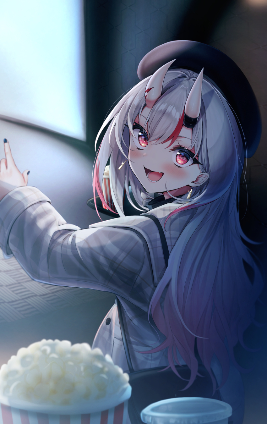 1girl :d absurdres bag beret black_bag black_hat blue_nails bucket commentary_request cup dating disposable_cup food grey_jacket handbag hat highres hololive horns jacket long_hair looking_at_viewer movie_theater multicolored_hair nakiri_ayame oni open_mouth plaid_clothes plaid_jacket plaid_shirt pointing popcorn red_eyes shirt smile streaked_hair terra_bose virtual_youtuber white_hair