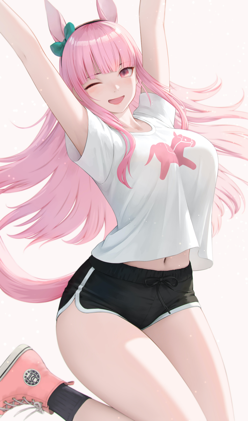 1girl ;d animal_ears arms_up black_shorts black_socks blunt_bangs breasts commentary dolphin_shorts english_commentary highres hololive hololive_english horse_ears horse_girl horse_tail jumping large_breasts long_hair looking_at_viewer midriff mori_calliope navel okoge_lab one_eye_closed open_mouth pink_eyes pink_hair pink_shoes shirt shoes short_shorts short_sleeves shorts sidelocks simple_background smile sneakers socks solo tail virtual_youtuber white_background white_shirt