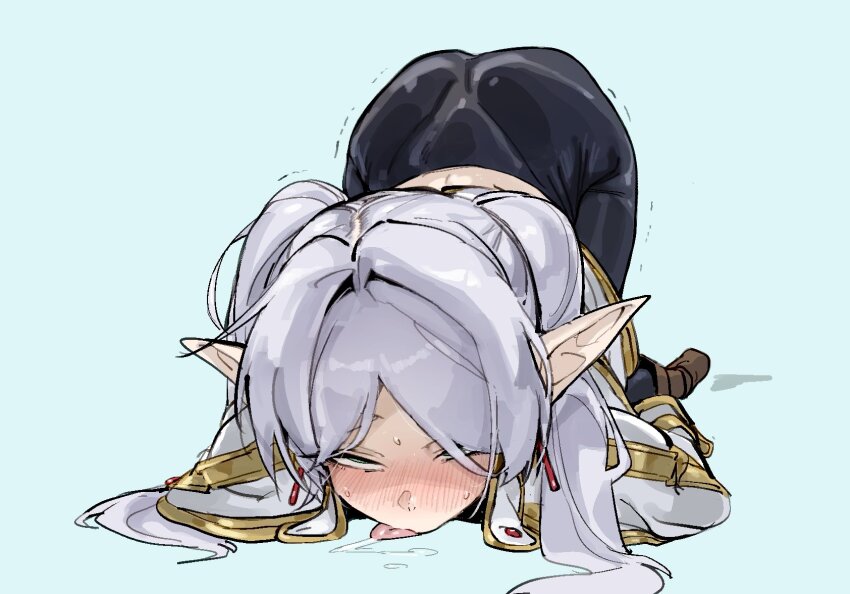 1girl ahegao ass black_pants blue_background blush boots brown_boots doppel_(bonnypir) drooling elf facing_viewer frieren full_body green_eyes grey_hair hair_intakes highres implied_after_sex jacket long_hair pants parted_bangs pointy_ears rolling_eyes saliva simple_background solo sousou_no_frieren sweat tight_clothes tight_pants tongue tongue_out top-down_bottom-up trembling twintails white_jacket