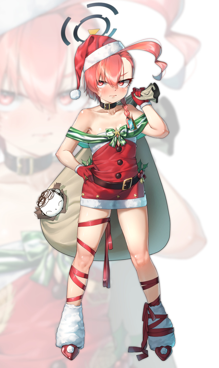 1girl absurdres ahoge asymmetrical_hair bare_shoulders black_halo blue_archive braid collarbone commentary doodle_sensei_(blue_archive) dress full_body fur-trimmed_dress fur-trimmed_headwear fur_trim gloves halo hat highres huge_ahoge loose_socks neru_(blue_archive) orange_hair red_dress red_gloves red_hat red_ribbon ribbon sack santa_costume santa_hat sensei_(blue_archive) short_hair single_braid socks strapless strapless_dress walking_nakta zoom_layer
