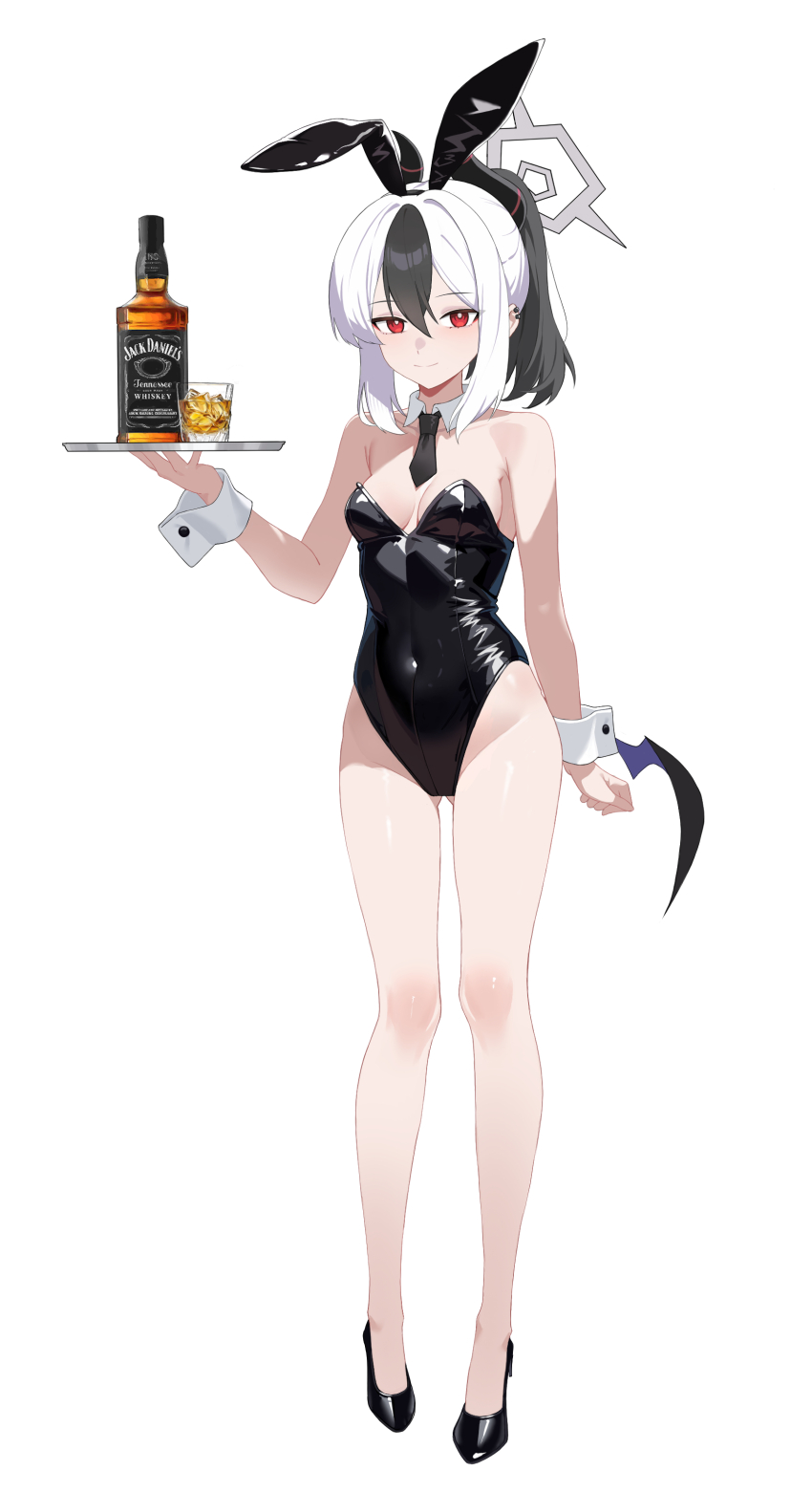 1girl absurdres alcohol animal_ears bare_legs bare_shoulders black_hair black_leotard black_necktie black_shoes blue_archive breasts closed_mouth commentary_request covered_navel cup drinking_glass fake_animal_ears full_body groin hair_between_eyes halo hand_up high_heels highres holding holding_tray horns ice ice_cube jack_daniel's kayoko_(blue_archive) leotard looking_at_viewer low_wings medium_breasts multicolored_hair necktie ponytail purple_wings rabbit_ears red_eyes shadow117 shoes short_necktie simple_background single_wing smile solo standing strapless strapless_leotard tray two-tone_hair whiskey white_background white_hair wings wrist_cuffs