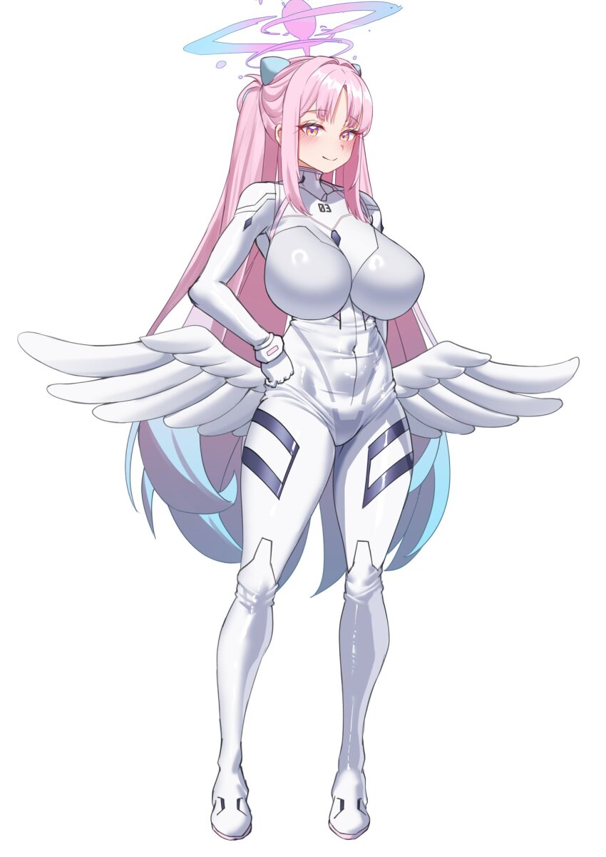 1girl angel_wings black_scrunchie blue_archive blush bodysuit breasts feathered_wings gradient_halo hair_bun hair_ornament hairpods halo highres interface_headset_(evangelion) large_breasts linear_71 long_hair looking_at_viewer low_wings mecha_pilot_suit mika_(blue_archive) multicolored_halo pink_hair pink_halo plugsuit_(evangelion) science_fiction scrunchie single_side_bun skin_tight smile solo white_bodysuit white_wings wing_ornament wings wrist_scrunchie yellow_eyes