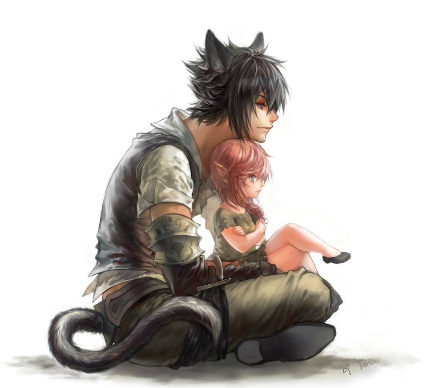 10s 1boy 1girl affair animal_ears artist_name bad_tag bare_legs betrayal black_hair blue_eyes cat_ears cheating_(relationship) closed_mouth crossed_arms crossover dirty disgrace disgust fenbei final_fantasy final_fantasy_xiii final_fantasy_xiv final_fantasy_xv from_side full_body gloves height_difference highres incest infidelity lalafell lightning_farron miqo'te netorare netorase noctis_lucis_caelum out_of_character pink_hair pointy_ears profile simple_background sitting size_difference spiked_hair tail unfaithful white_background
