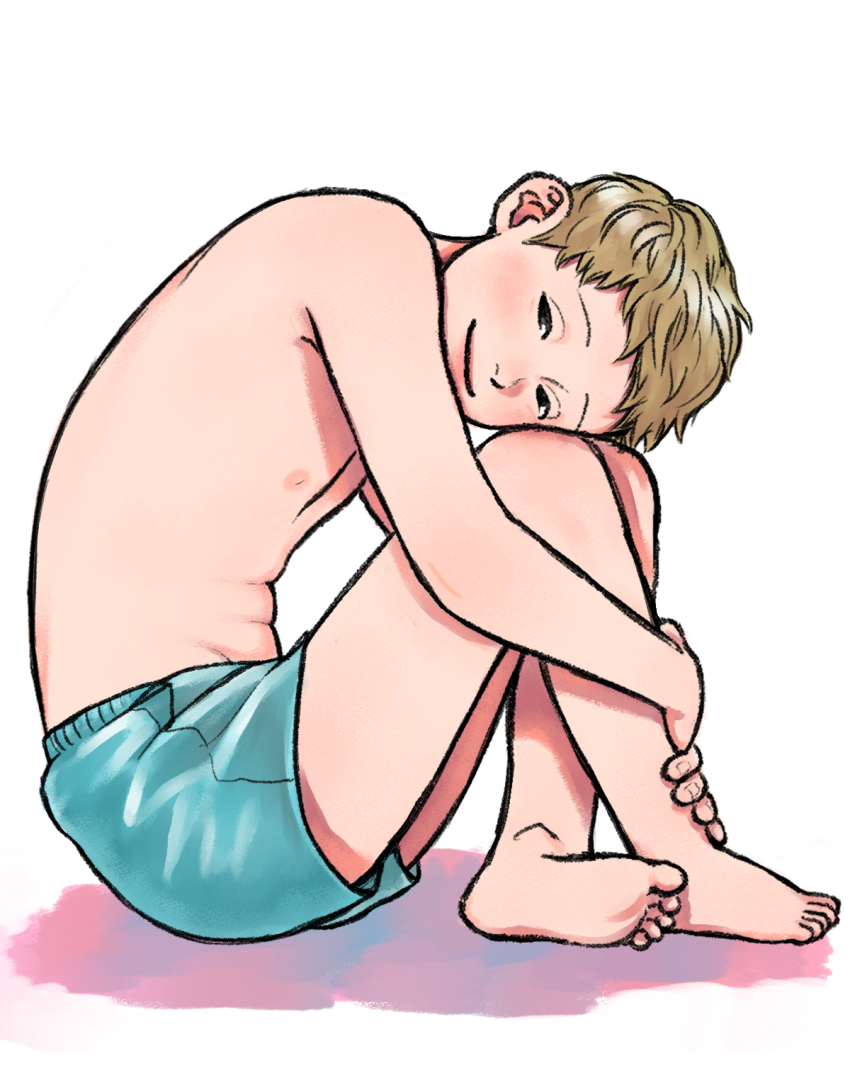 1boy barefoot blonde_hair closed_mouth feet full_body hatoshi_(pico273) highres male_focus nipples original short_hair sitting solo topless_male white_background