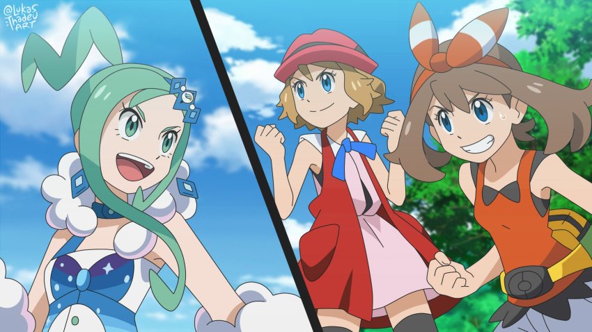 3girls :d bare_arms blue_eyes blue_ribbon blurry blurry_background clenched_hand clenched_hands closed_mouth cloud commentary day english_commentary eyelashes fanny_pack green_eyes green_hair hair_ornament hairband hairpin hands_up hat highres light_brown_hair lisia_(pokemon) lukas_thadeu may_(pokemon) multiple_girls nintendo official_style open_mouth outdoors pokemon pokemon_(anime) pokemon_oras pokemon_xy_(anime) ribbon serena_(pokemon) shirt short_hair shorts sky sleeveless sleeveless_shirt smile split_screen sweatdrop teeth thighhighs tongue watermark yellow_bag