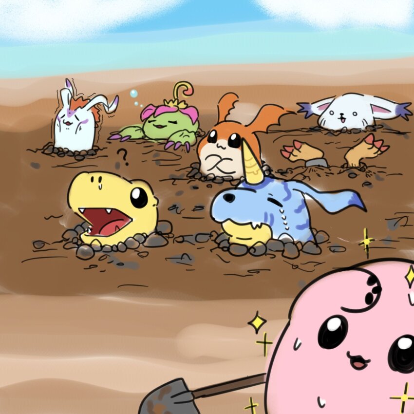 agumon cat digimon digimon_(creature) gabumon gomamon highres mochimon palmon patamon piyomon plant reptile sparkle tailmon what bad_tag wings