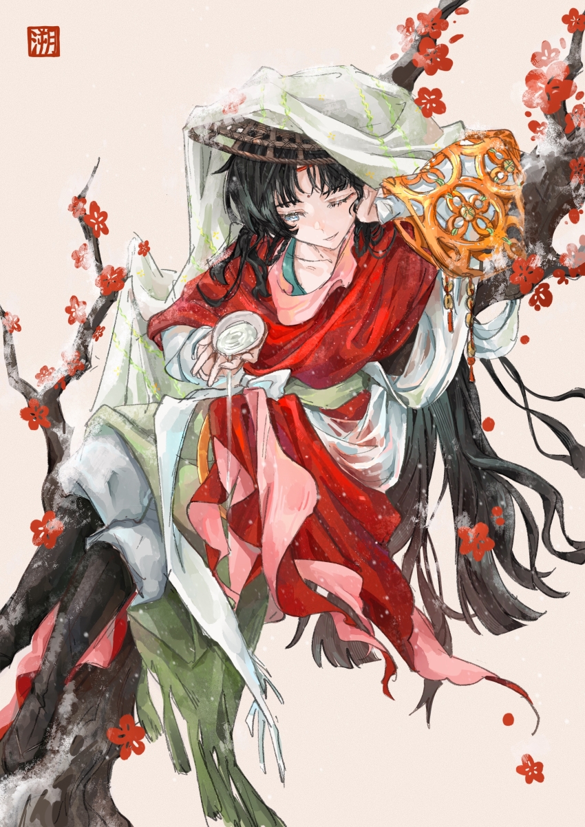 1girl absurdres black_boots black_hair blue_eyes boots bowl chinese_clothes flower foot_out_of_frame grin hands_up hanfu highres holding holding_bowl long_hair looking_down on_branch one_eye_closed pants paper_heron plum_blossoms red_flower red_hanfu reverse:1999 sitting smile solo su_sushi very_long_hair weimao white_pants