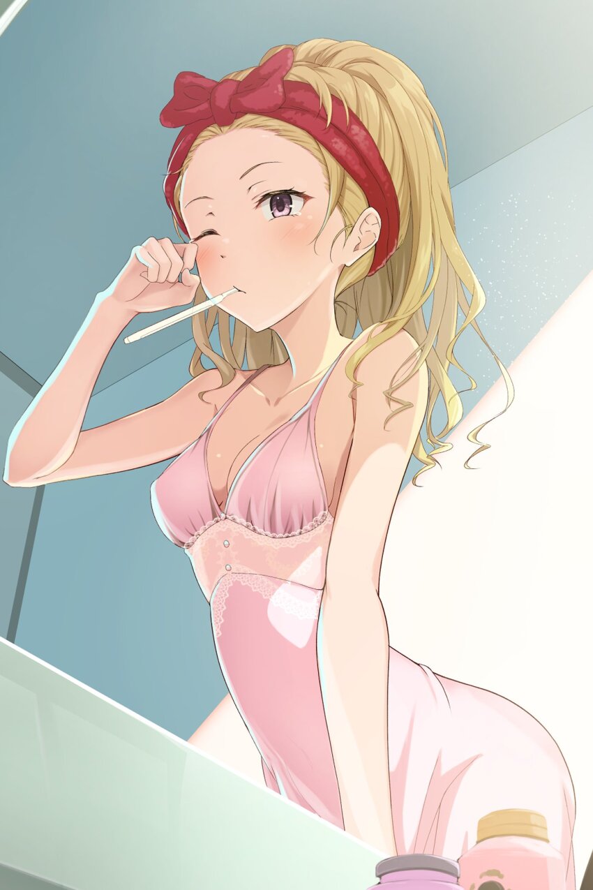 1girl blonde_hair breasts brushing_teeth cleavage commentary commission gokusai_kaibi highres indoors k3rd medium_breasts morning nightgown pink_nightgown ponytail purple_eyes rubbing_eyes skeb_commission solo symbol-only_commentary toaru_kagaku_no_dark_matter toaru_majutsu_no_index toothbrush toothbrush_in_mouth