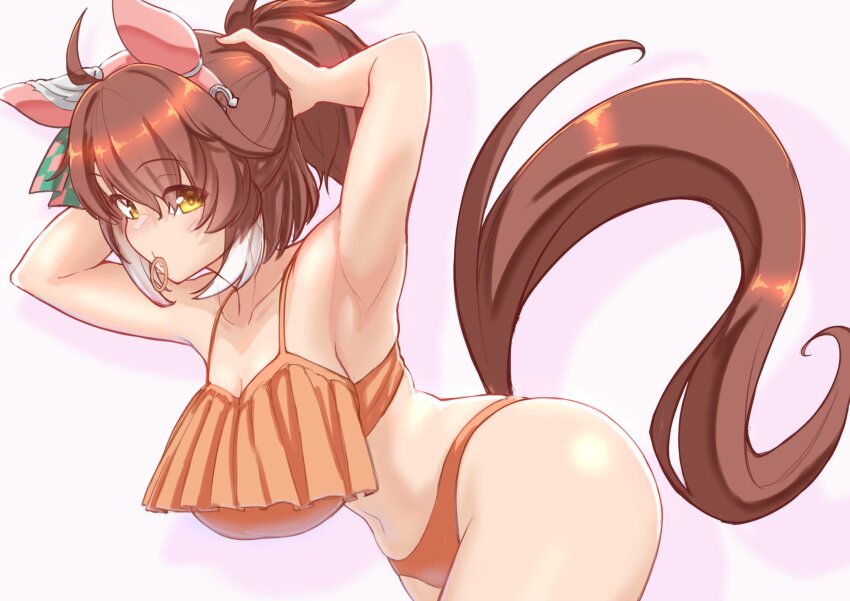 1girl adjusting_hair ahoge alternate_costume animal_ears armpits arms_up bikini breasts brown_eyes brown_tail cleavage commentary_request dantsu_flame_(umamusume) ear_covers flova11 frilled_bikini frills highres horse_ears horse_girl horse_tail large_breasts leaning_forward long_hair looking_at_viewer mouth_hold navel orange_bikini ponytail solo swimsuit tail thick_thighs thighs tying_hair umamusume