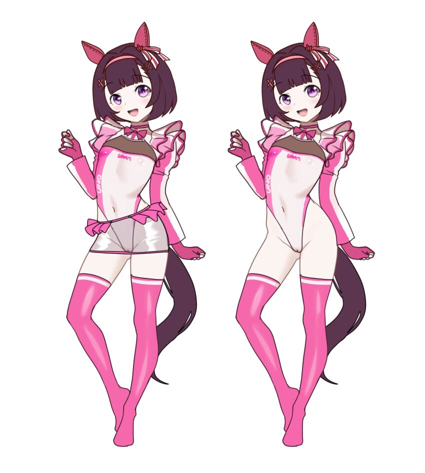 1girl animal_ears blunt_bangs blush bob_cut bow brown_hair cameltoe choker contrapposto covered_navel ear_bow ear_covers ear_flower ear_ornament fingerless_gloves flat_chest gloves gluteal_fold hair_ornament hairband highleg highleg_leotard highres horse_ears horse_girl horse_tail leotard loli long_sleeves looking_at_viewer multiple_views nishino_flower_(umamusume) open_mouth pink_choker pink_hairband pink_thighhighs purple_eyes race_queen see-through_clothes see-through_skirt short_hair shrug_(clothing) skin_tight skirt smile tail thighhighs ugohato umamusume white_background x_hair_ornament