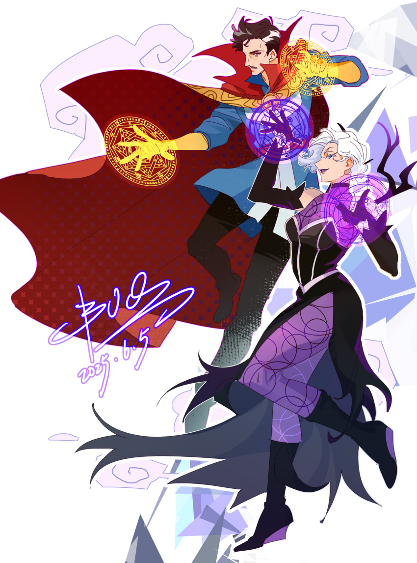 1boy 2025 black_boots black_dress black_gloves black_pants blue_eyes blue_robe boots brown_facial_hair brown_hair cape chinese_commentary clea_strange commentary_request commission couple dated doctor_strange doctor_strange_(series) dress facial_hair gloves hetero highres husband_and_wife magic magic_circle marvel mustache pants profile purple_bodystocking purple_lips red_cape robe short_hair smirk white_background white_hair xxlcarolbud yellow_gloves