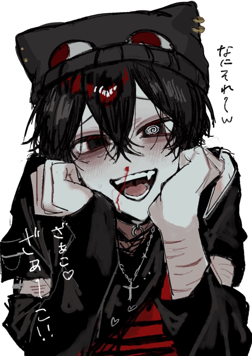 1boy :d @_@ aegyo_sal arm_warmers black_arm_warmers black_eyes black_hair black_jacket black_nails blood commentary commentary_request crossed_bangs double-parted_bangs fang grin hair_between_eyes hand_on_own_face hand_up hat highres hosikage4040 jacket jewelry looking_at_viewer male_focus necklace nosebleed o-ring_collar open_mouth original scar scar_on_arm self-harm short_hair smile solo symbol-only_commentary translation_request upper_body wrist_cutting