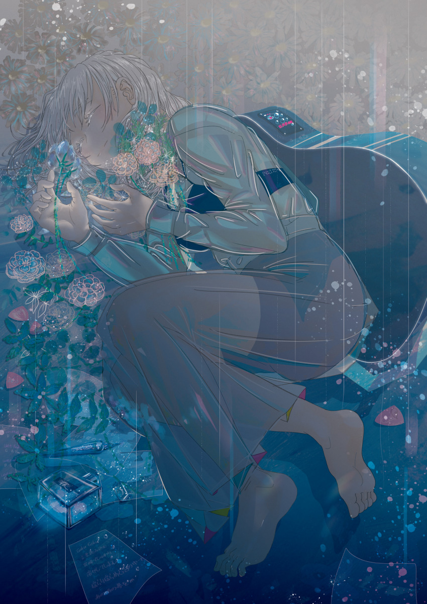 1girl bare_legs barefoot black_skirt blue_flower closed_eyes closed_mouth daisy_(flower) error_message flower guitar highres inkwell instrument leaf light_particles long_sleeves lotus lying medium_hair nib_pen_(object) on_side original paper pen plectrum rain raincoat sabaumako see-through_clothes see-through_raincoat skirt smile soles solo toes white_flower white_hair
