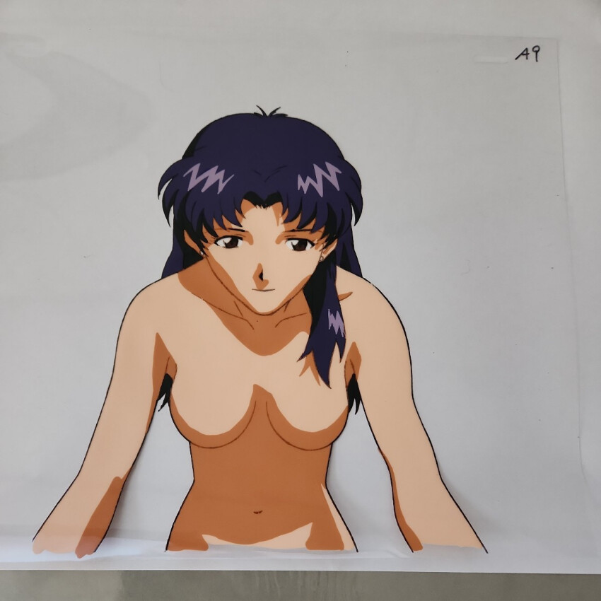 1990s_(style) animation_cel armpits breasts collarbone completely_nude gainax katsuragi_misato large_breasts long_hair looking_at_viewer mature_female navel neon_genesis_evangelion no_nipples nude official_art purple_hair retro_artstyle seductive_gaze smile