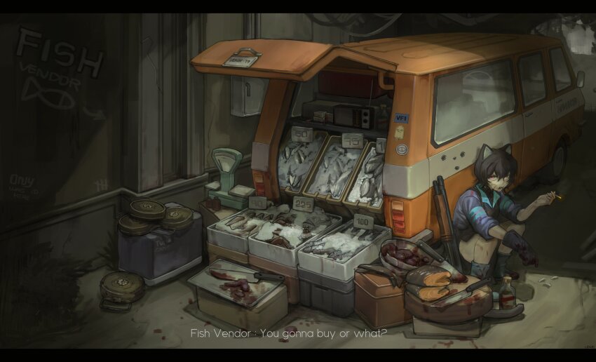 19vodnik 1girl absurdres alley ammunition animal_ears black_hair blood blood_on_face blood_on_gloves boots bottle bullet_hole cat_ears cigarette commentary crt english_commentary english_text explosive fish gloves graffiti gun highres holding holding_cigarette ice knife ks-23 letterboxed mine_(weapon) motor_vehicle open_mouth original pump_action purple_eyes shotgun shotgun_shell single_glove slug_gun smoking solo squatting subtitled talking van weapon