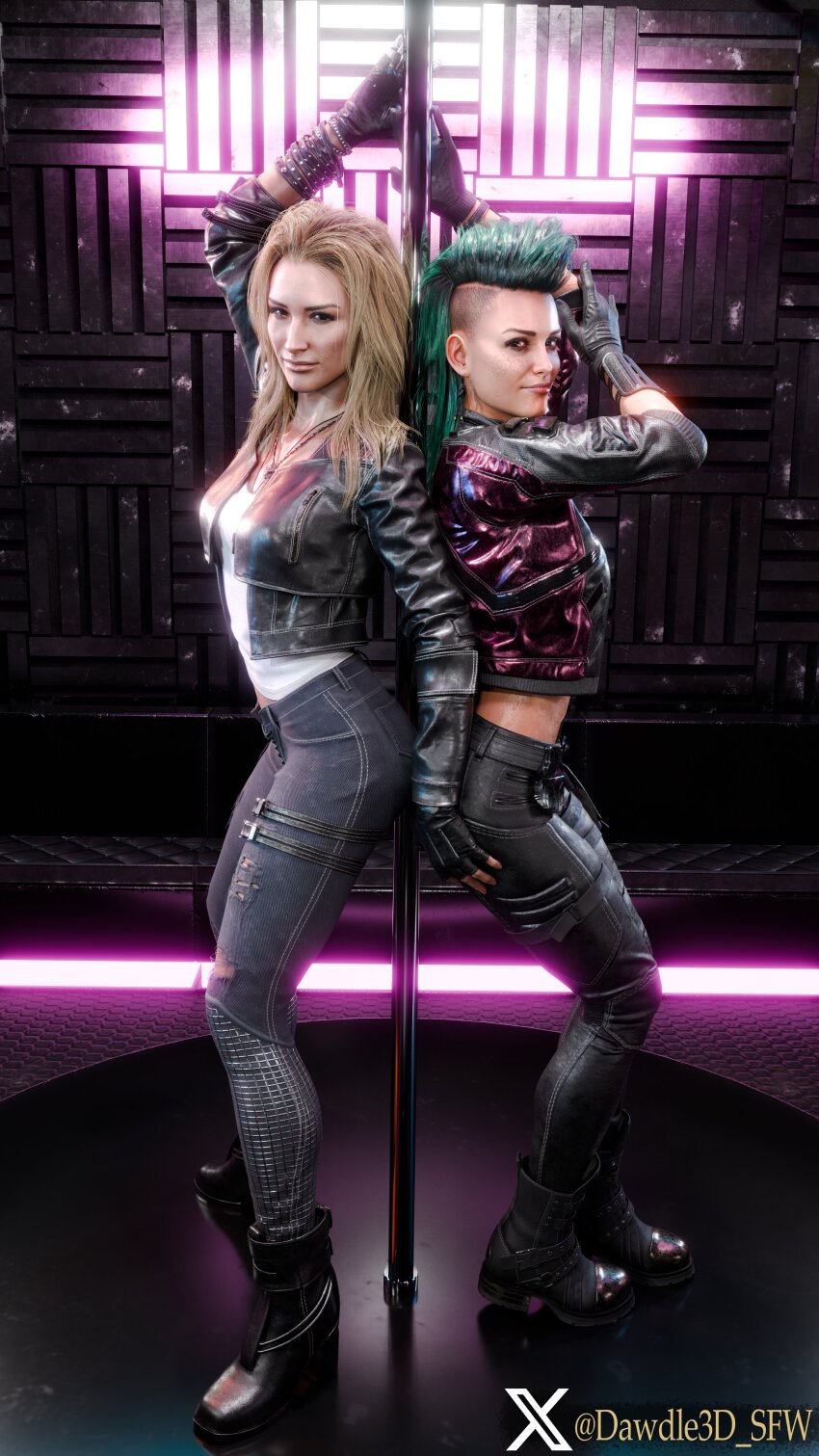 2girls 3d absurdres alt_cunningham artist_name asymmetrical_hair black_boots black_gloves black_jacket black_pants blonde_hair boots cyberpunk_(series) cyberpunk_2077 dawdle3d denim fingerless_gloves gloves green_hair highres jacket jeans long_hair looking_at_viewer multiple_girls open_clothes open_jacket pants pole rogue_amendiares sidecut stripper_pole twitter_username twitter_x_logo undercut
