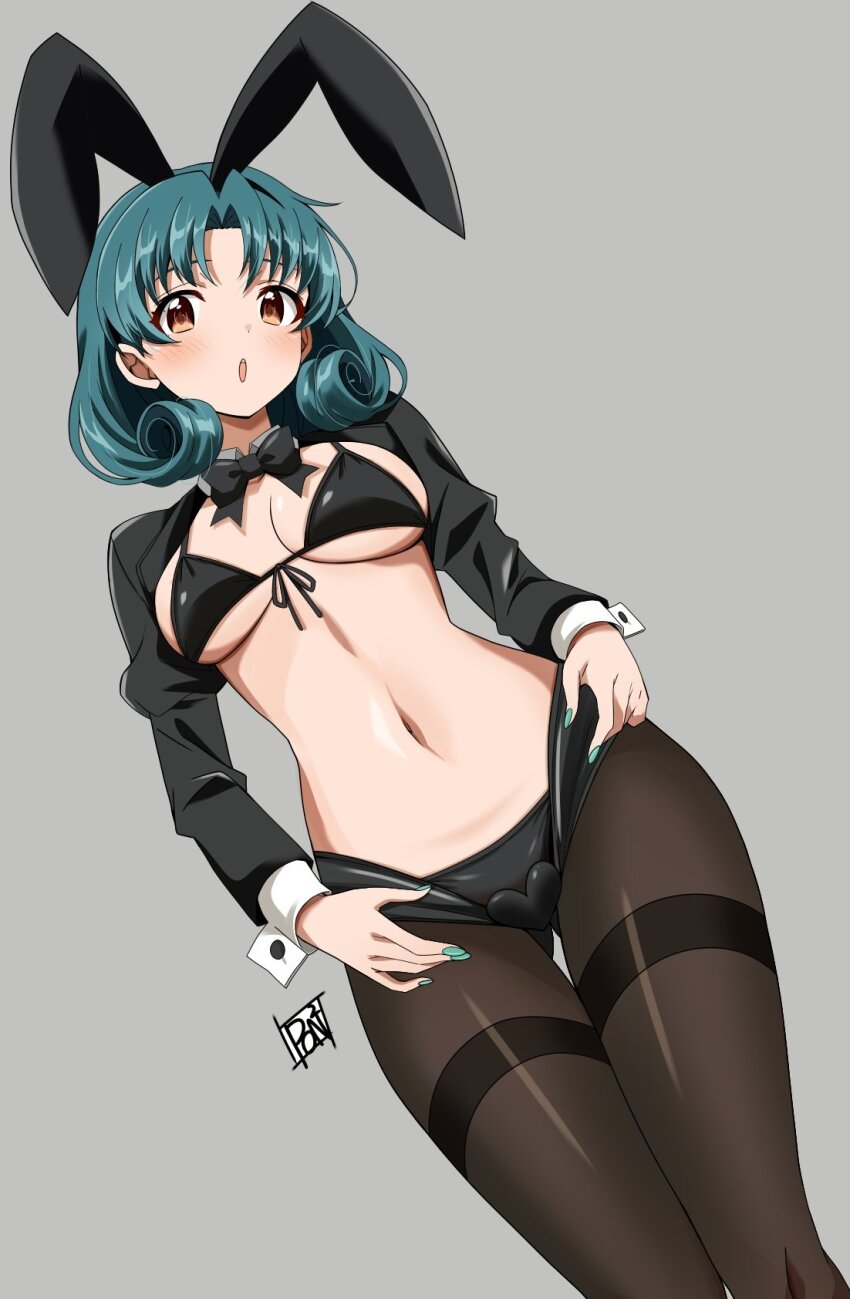 1girl animal_ears bikini black_bikini black_bow black_bowtie black_shrug blush bow bowtie breasts brown_eyes brown_pantyhose collared_shrug commentary_request dutch_angle fingernails front-tie_bikini_top front-tie_top gluteal_fold green_hair green_nails grey_background heart_maebari highres idolmaster idolmaster_million_live! looking_at_viewer maebari nail_polish navel pantyhose ponpon rabbit_ears reverse_bunnysuit reverse_outfit shrug_(clothing) simple_background solo standing swimsuit tokugawa_matsuri