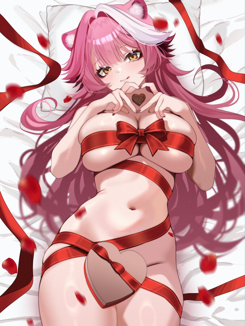 1girl :q absurdres alternate_costume animal_ear_fluff animal_ears bed_sheet box breasts candy chocolate chocolate_heart commentary english_commentary falling_petals fingernails food four-finger_heart_hands hair_intakes heart heart-shaped_box heart-shaped_food heart_hands highres hololive hololive_english large_breasts long_fingernails long_hair looking_at_viewer lying motion_blur multicolored_hair nail_polish naked_ribbon navel on_back panther_ears panther_girl petals pillow pink_hair pink_nails raituna raora_panthera red_ribbon ribbon skindentation solo tongue tongue_out two-tone_hair very_long_hair virtual_youtuber white_hair yellow_eyes