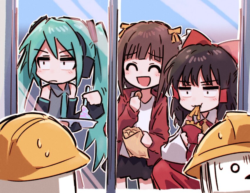 2024_niconico_cyberattack 3girls ^_^ alternate_eye_color amami_haruka black_eyes black_hair black_skirt black_sleeves blue_hair blue_necktie blush bow brown_hair closed_eyes closed_mouth collared_shirt commentary_request constricted_pupils crossover detached_sleeves downtown_no_gaki_no_tsukai_ya_arahende!! eating food food_in_mouth french_fries from_inside frown furrowed_brow gloom_(expression) grey_shirt hair_bow hair_ribbon hair_tubes hakurei_reimu hard_hat hatsune_miku headphones helmet holding holding_food holding_plate idolmaster idolmaster_(classic) jacket long_hair long_sleeves looking_at_another looking_inside medium_hair multiple_crossover multiple_girls necktie nerunerunerune nervous_sweating niconico o_o open_clothes open_jacket open_mouth plate red_bow red_jacket red_skirt revision ribbon shirt skirt sleeveless sleeveless_shirt smile squatting sweat terebi-chan touhou twintails v-shaped_eyebrows vocaloid waiting white_shirt white_sleeves window yellow_ribbon yukitake_(bullfalk)