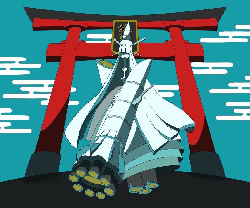 antennae celesteela cloud egasumi floating gen_7_pokemon hashtag-only_commentary highres long_neck nintendo no_humans pokemon pokemon_(creature) pokemon_focus rayman_limbs shiratamint simple_background sky solo torii ultra_beast