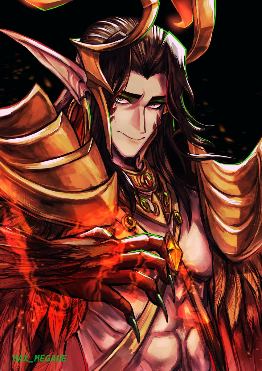 1boy abs absurdres armor artist_name black_background black_hair black_nails commentary earrings eyeshadow fake_horns feathers fingernails gold_earrings green_eyes green_eyeshadow hashtag-only_commentary highres hoop_earrings horns jewelry loki_(crane_deceiver)_(marvel) loki_(marvel) long_fingernails long_hair looking_to_the_side makeup male_focus marvel marvel_rivals megane_(0max_megane0) muscular muscular_male official_alternate_costume orange_feathers parted_bangs pauldrons pointy_ears red_feathers sharp_fingernails shoulder_armor solo symbol-only_commentary thor_(marvel)_(series) upper_body