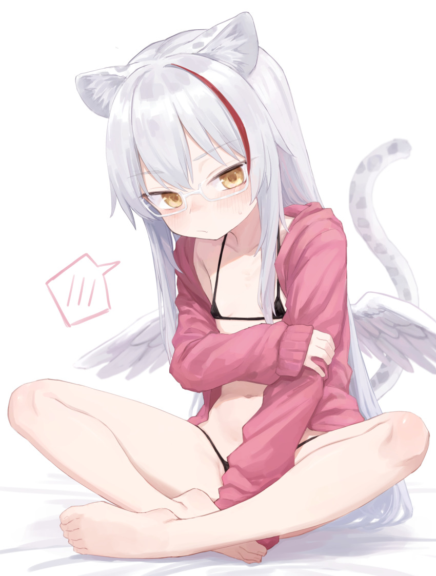 1girl :/ animal_ears barefoot bikini blush cardigan commission feathered_wings flat_chest full_body glasses grey_hair highres indian_style long_hair looking_at_viewer low_wings micro_bikini nanihatomoare navel open_cardigan open_clothes original sitting skeb_commission solo swimsuit tail tiger_ears tiger_tail toes wings yellow_eyes