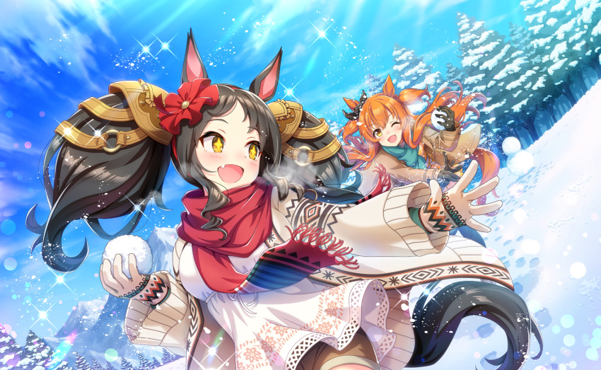 2girls animal_ears artist_request bad_link black_hair blush day fang game_cg horse_ears horse_girl horse_tail long_hair marvelous_sunday_(casual)_(umamusume) marvelous_sunday_(umamusume) mayano_top_gun_(umamusume) multiple_girls official_art open_mouth orange_hair outdoors scarf sky snow snowball snowball_fight tail twintails umamusume winter winter_clothes
