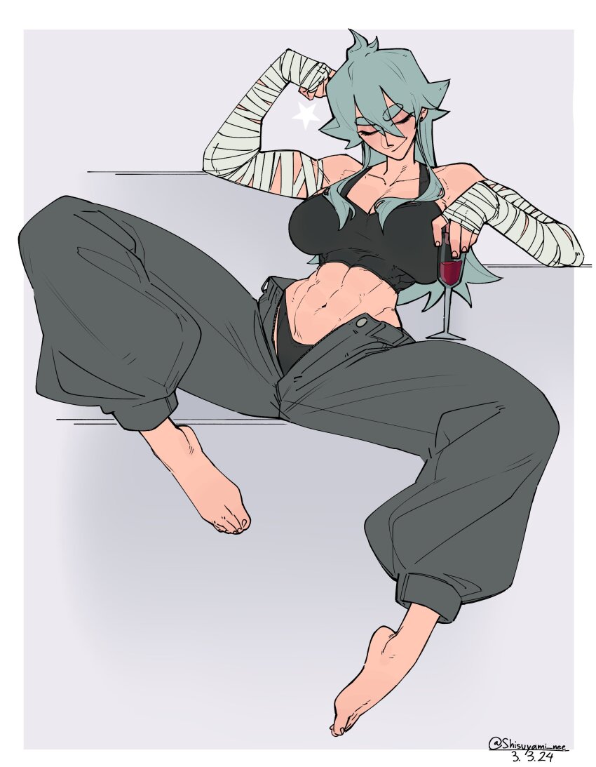 1girl 2024 absurdres baggy_pants bandaged_arm bandages bare_shoulders barefoot black_panties black_pants black_shirt breasts closed_eyes collarbone commentary couch crop_top cup dated drinking_glass elbow_rest english_commentary feet female_focus flexing green_hair hair_over_shoulder hand_on_own_head highres holding jashaya_(shisuyami_nee) large_breasts legs_apart long_hair midriff navel original panties pants shirt shisuyami_nee simple_background sitting smile solo toes toned toned_female underwear unzipped wine_glass