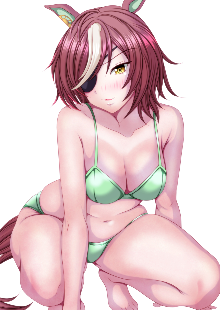1girl absurdres animal_ears bikini blush breasts brown_hair cleavage commentary eyepatch green_bikini hagesan3345 highres horse_ears horse_girl horse_tail large_breasts looking_at_viewer open_mouth short_hair smile solo swimsuit tail tanino_gimlet_(umamusume) umamusume underwear underwear_only yellow_eyes