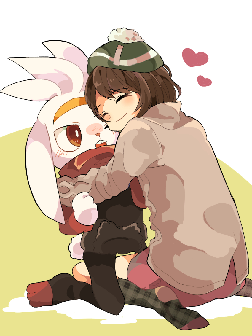 1girl 1other animal animal_hug blush brown_hair cardigan closed_eyes gen_8_pokemon gloria_(pokemon) hat heart highres hood hooded_cardigan hug jacket kneeling mochiko_(guremaru) nintendo plaid_clothes plaid_socks pokemon pokemon_swsh raboot red_eyes short_hair socks white_fur
