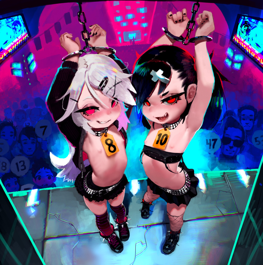 2girls arms_up auction bdsm black_hair black_skirt bondage bound chain commission cross_hair_ornament dagger_(fiz-rot) fishnet_thighhighs fishnets fiz-rot flat_chest grin hair_ornament hairclip highres loli making-of_available miniskirt multiple_girls nipples open_mouth original parted_lips people pleated_skirt red_eyes revision skirt slave_auction smile thighhighs white_hair x_hair_ornament