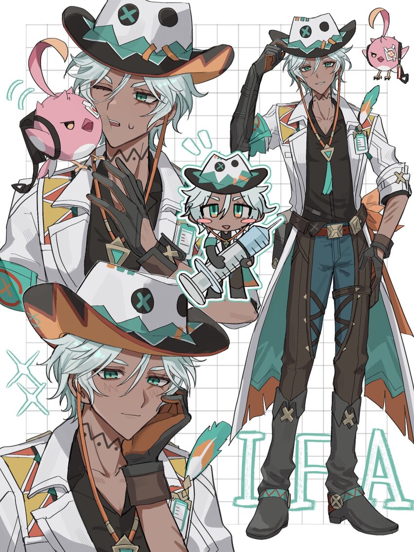 1boy aqua_eyes aqua_pants black_shirt cacucu_(genshin_impact) character_name chibi clothing_cutout cloud coat collarbone collared_shirt commentary cowboy_hat dark-skinned_male dark_skin english_commentary feathers genshin_impact glove_cutout grid_background gun hair_between_eyes hand_on_floor hand_on_headwear hand_on_own_face hat highres holding holding_syringe holster id_card ifa_(genshin_impact) knee_up lapels large_syringe looking_at_viewer looking_up male_focus multiple_views neck_tattoo on_floor open_clothes open_coat ota_(ooo_tsn) oversized_object pants scar scar_across_eye scar_on_face shirt short_hair smile sweatdrop syringe tassel tattoo thigh_holster toned toned_male weapon white_background white_coat white_hair white_hat