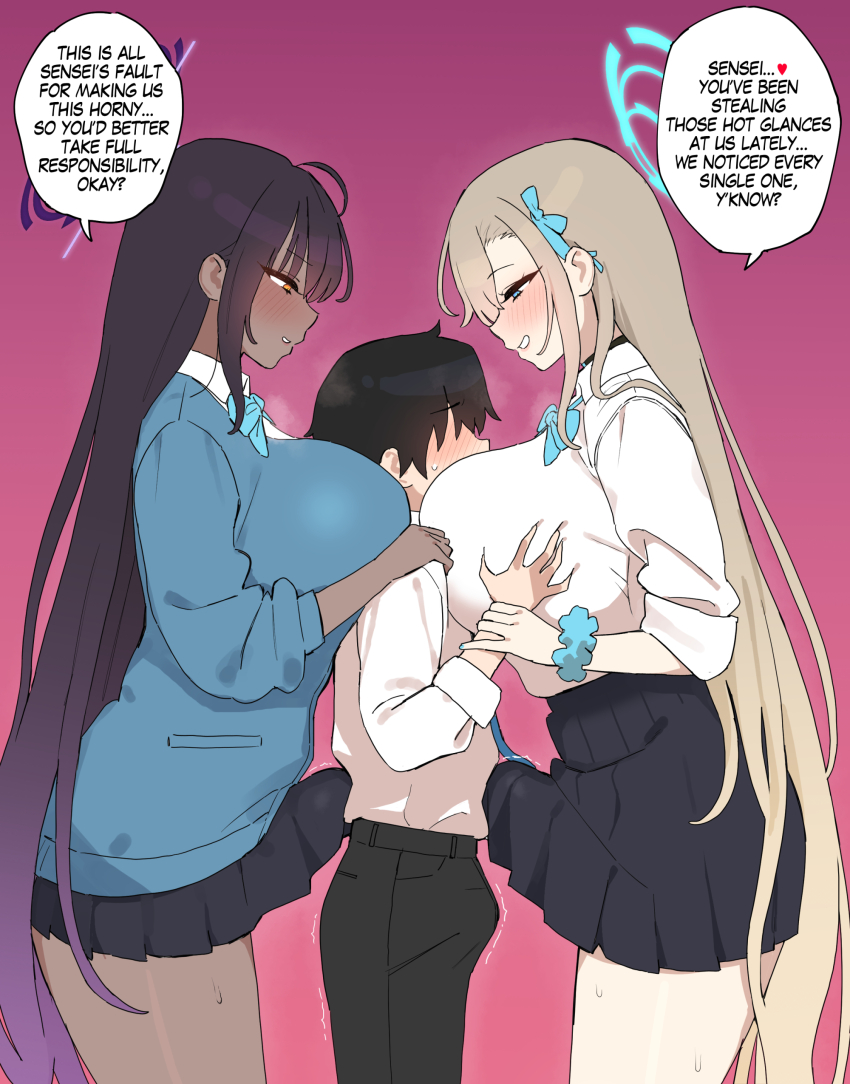 1boy 2futa absurdres age_difference asuna_(blue_archive) between_breasts bingdak black_skirt blonde_hair blue_archive blue_bow blue_bowtie blue_eyes blue_halo blue_sweater bow bowtie breast_rest breast_smother breasts breasts_on_head brown_hair bulge collared_shirt cooperative_breast_smother dark-skinned_female dark_skin dress_shirt english_text erection erection_under_clothes face_between_breasts face_to_breasts femdom from_side futa_with_male futanari girl_sandwich grabbing_another's_breast gradient_hair groping guided_breast_grab guiding_hand hair_over_one_eye half-closed_eyes halo hands_on_another's_shoulders head_between_breasts height_difference highres holding_another's_wrist karin_(blue_archive) large_breasts long_hair long_sleeves miniskirt multicolored_hair multiple_futa onee-shota paid_reward_available parted_lips pleated_skirt poking_with_penis profile purple_hair purple_halo sandwiched school_uniform seductive_smile sensei_(blue_archive) shirt shota skirt smile speech_bubble sweater teamwork_(sexual) traditional_bowtie very_long_hair white_shirt wing_collar yellow_eyes