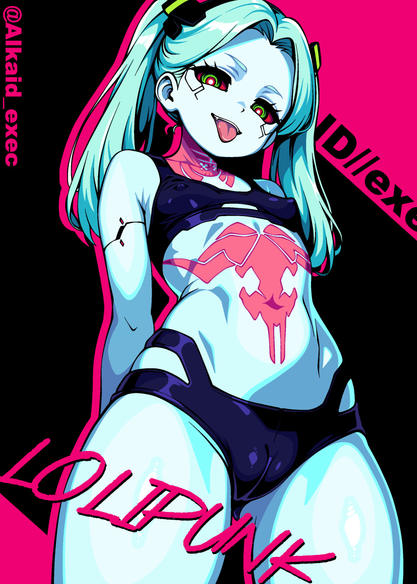 1girl absurdres alkaid_exec aqua_hair arms_behind_back black_bra black_panties blue_skin bra breasts cameltoe colored_sclera colored_skin covered_erect_nipples cowboy_shot cyberpunk:_edgerunners cyberpunk_(series) cyborg fang from_below green_eyes green_hair highres leg_tattoo loli long_hair looking_at_viewer navel neck_tattoo open_mouth panties rebecca_(cyberpunk) red_sclera small_breasts smile solo stomach_tattoo tattoo teeth thighs tongue tongue_out twintails twitter_username underwear upper_teeth_only