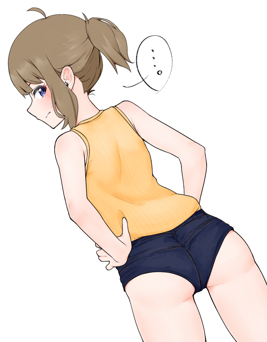 ... 1girl ass bare_arms blue_eyes blush brown_hair closed_mouth commentary_request denim denim_shorts dutch_angle from_behind hand_on_own_hip highres idolmaster idolmaster_million_live! looking_at_viewer looking_back micro_shorts minakamirin ponytail profile ribbed_sweater shorts simple_background sleeveless sleeveless_sweater solo speech_bubble spoken_ellipsis suou_momoko sweater white_background yellow_sweater