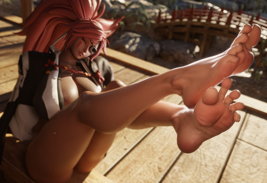 1girl 3d amputee asian ass baiken barefoot blender_(medium) bottomless breasts cleavage coat day exhibitionism eyebrows eyelashes eyepatch facepaint feet feet_up female_focus foot_focus guilty_gear guilty_gear_strive guilty_gear_xrd highres huge_ass huge_breasts large_areolae large_breasts large_nipples long_hair looking_at_viewer makeup muscular muscular_female outdoor_nudity outdoors pink_hair ponytail public_indecency red_eyes red_hair samurai soles spread_toes sweat syclops thick_thighs thighs toes