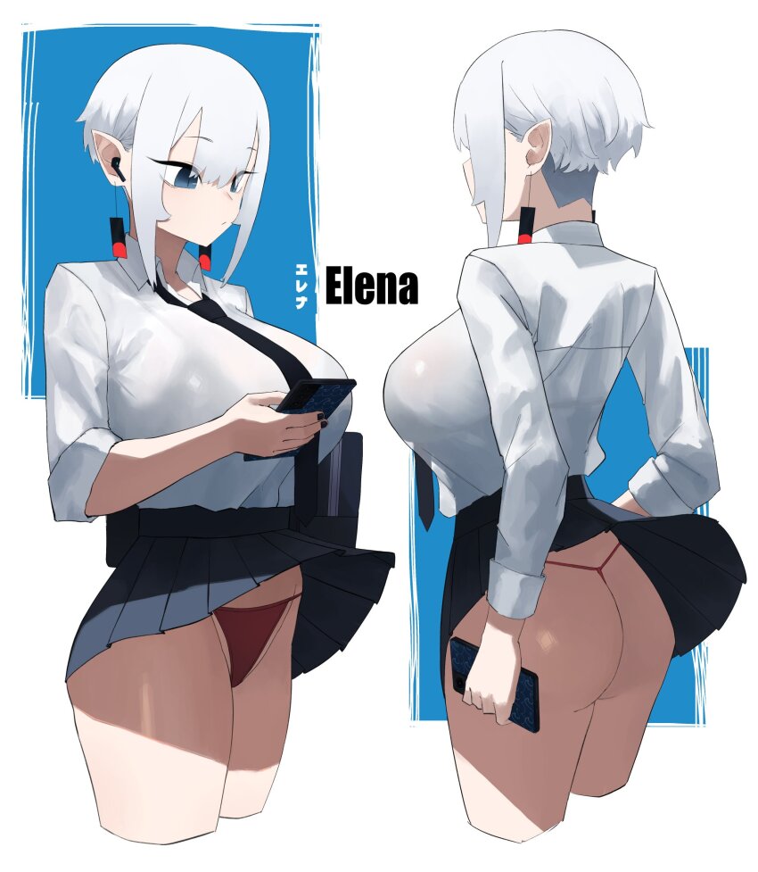 1girl :/ ass bare_legs black_nails black_necktie blue_eyes blunt_bangs bob_cut bra_visible_through_clothes breasts clothes_pull collared_shirt cropped_legs earrings elena_(hazuki_kazue) eyeliner from_behind from_side g-string hair_between_eyes hazuki_kazue highres holding holding_phone huge_breasts inverted_bob jewelry makeup microskirt multiple_views necktie original panties phone pleated_skirt pointy_ears raised_eyebrows red_panties shirt shirt_tucked_in short_hair sidelocks skirt skirt_pull slit_pupils solo string_panties t-back thighs thong undercut underwear white_hair white_shirt wireless_earphones