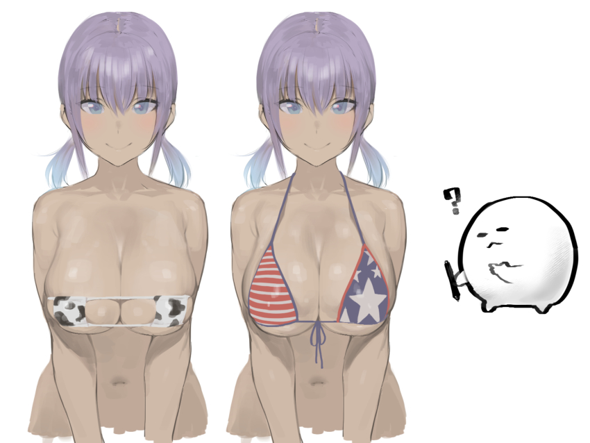 1girl american_flag american_flag_bikini american_flag_print animal_print artist_self-insert bikini blue_hair blush breasts breasts_squeezed_together cleavage closed_mouth cosplay cow_print eyepatch_bikini flag_print flag_print_bikini front-tie_bikini_top front-tie_top gradient_hair highres ikuchan_kaoru ikuchan_kaoru_(character) indie_virtual_youtuber large_breasts looking_at_viewer miyamoto_musashi_(fate) miyamoto_musashi_(fate/grand_order) miyamoto_musashi_(swimsuit_berserker)_(fate) multicolored_hair multiple_views navel original print_bikini purple_hair simple_background smile swimsuit virtual_youtuber white_background