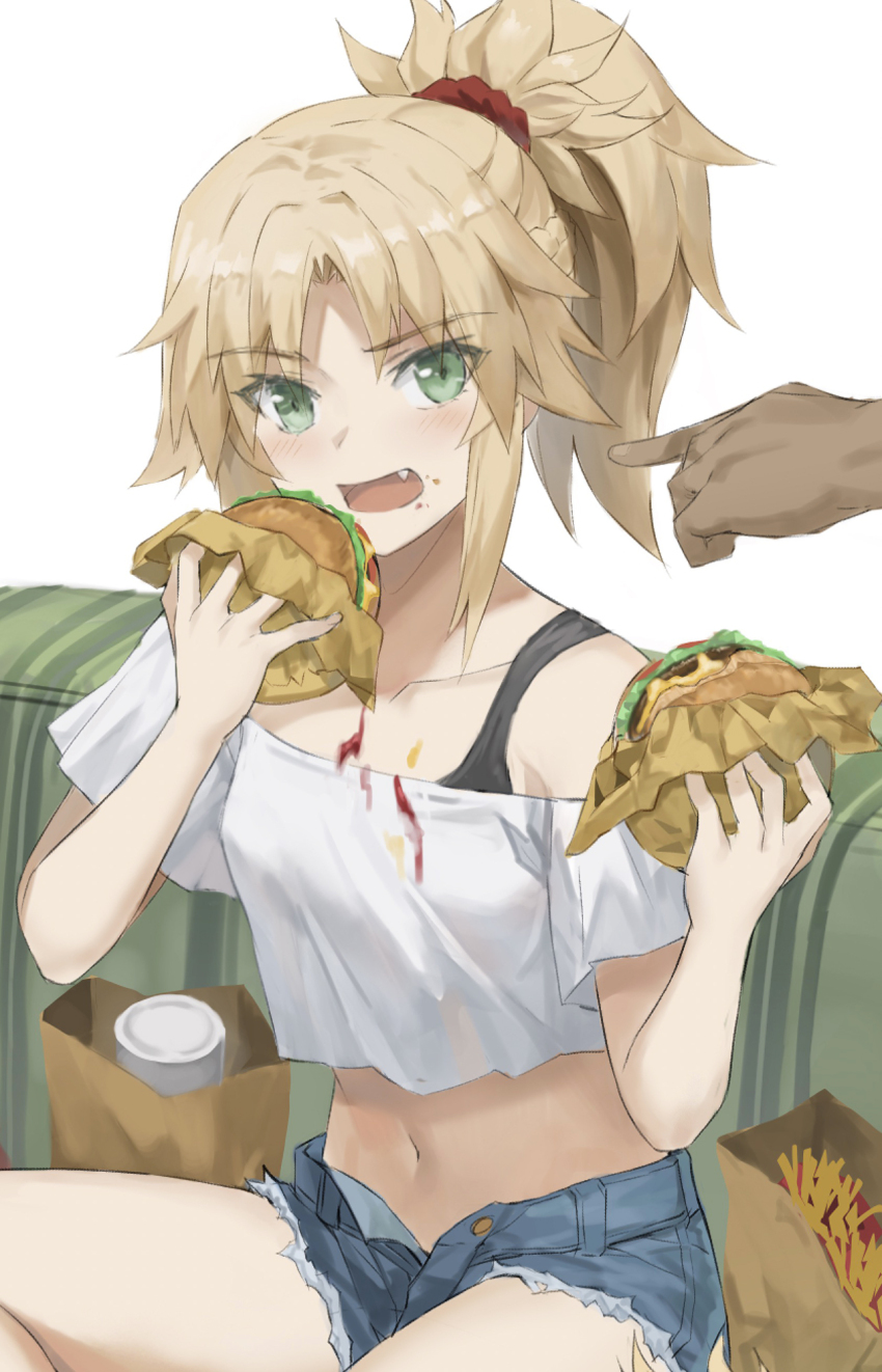 1girl 1other bag blonde_hair breasts burger commentary_request crop_top denim denim_shorts fang fate/apocrypha fate_(series) food french_fries green_eyes highres holding holding_burger holding_food mordred_(fate) navel open_mouth paper_bag ponytail short_hair shorts sitting small_breasts stomach tonee white_background