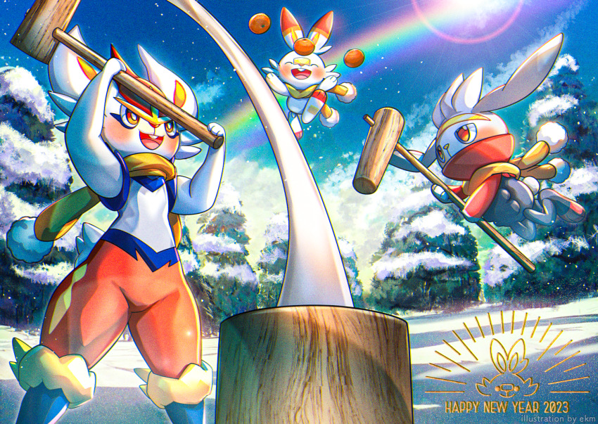 2023 :d ^_^ artist_name blue_sky blush chinese_zodiac cinderace closed_eyes cloud commentary_request day ekm evolutionary_line food fruit gen_8_pokemon happy_new_year holding holding_mallet jitome jumping kine mallet mandarin_orange mochi mochi_trail mochitsuki mortar_(bowl) new_year nintendo no_humans open_mouth outdoors pokemon pokemon_(creature) raboot rainbow red_eyes scarf scorbunny sky smile snow standing sun teeth tree upper_teeth_only watermark year_of_the_rabbit yellow_scarf