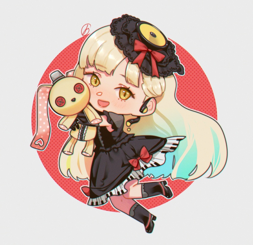 1girl :d absurdres aqua_hair black_gloves black_hat black_shoes black_socks blonde_hair blue_hair blunt_bangs border bow chibi chibi_only chromatic_aberration colored_inner_hair commentary dress dress_bow ear_piercing elbow_gloves english_commentary frilled_dress frilled_sleeves frills from_side full_body gloves gradient_hair grey_border hair_behind_ear hat hat_bow hat_tip high_heels highres holding holding_stuffed_toy hugging_object kneehighs lilithappiness long_hair looking_at_viewer looking_back mayu_(vocaloid) medium_dress multicolored_hair open_mouth orange_hair outline outside_border petticoat piano_print piercing polka_dot polka_dot_background red_background red_bow round_border shoes short_sleeves simple_background smile socks solo standing standing_on_one_leg stuffed_animal stuffed_rabbit stuffed_toy usano_mimi very_long_hair vocaloid white_outline yellow_eyes