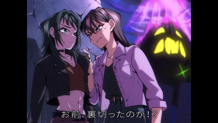 2girls bang_dream! bang_dream!_it's_mygo!!!!! black_choker black_hair black_jacket black_shirt blue_eyes choker closed_mouth clothes_grab commentary doki_(oox3o) hair_between_eyes highres jacket letterboxed medium_hair midriff mole mole_under_eye multiple_girls o-ring o-ring_choker open_clothes open_jacket parody purple_eyes red_shirt shiina_taki shirt style_parody subtitled translation_request white_jacket yahata_umiri