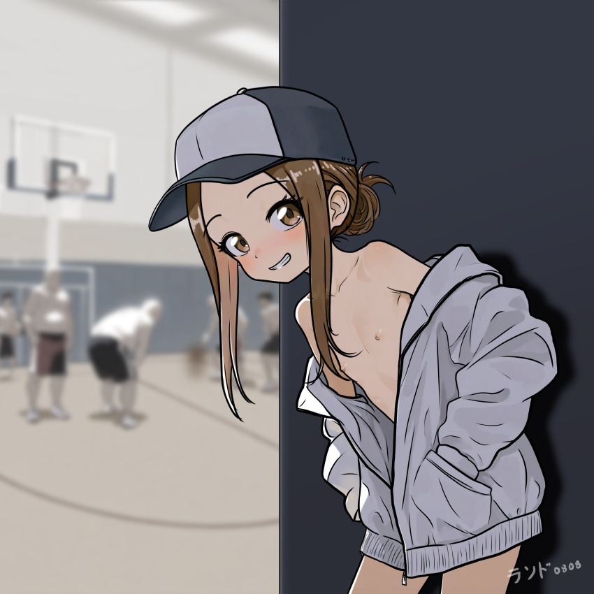 1girl absurdres blush brown_hair exhibitionism flat_chest hat highres jacket jersey karakai_jouzu_no_takagi-san lander0808 loli looking_at_viewer naked_jacket public_indecency smile takagi-san track_jacket track_suit