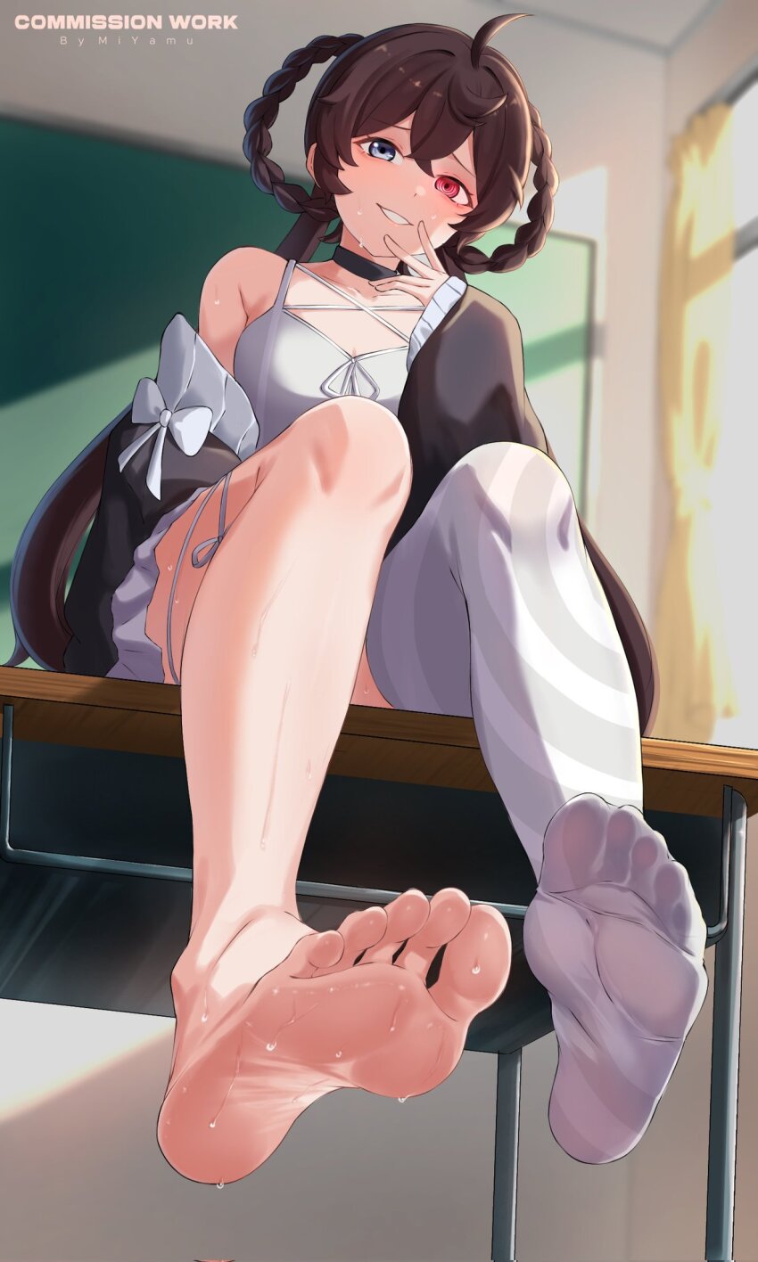 1girl barefoot blue_eyes brown_hair classroom desk feet heterochromia highres long_hair looking_at_viewer miyamu parted_lips red_eyes school_desk single_thighhigh sitting soles sweat thighhighs toes white_thighhighs