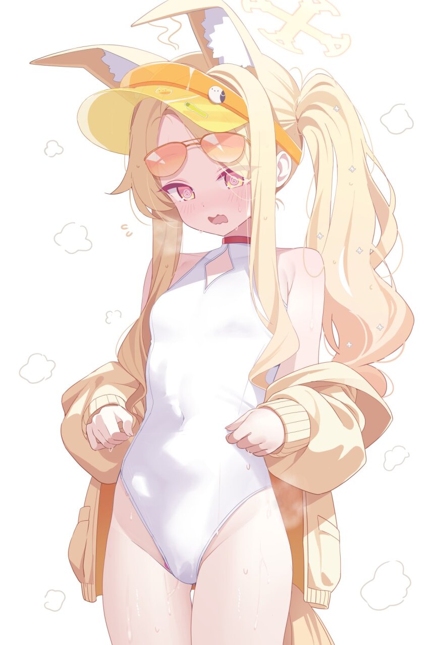 1girl @_@ animal_ear_fluff animal_ears bare_shoulders blue_archive breasts covered_navel deyui embarrassed flying_sweatdrops forehead fox_ears fox_girl fox_tail highleg highleg_one-piece_swimsuit highres jacket loli long_hair looking_at_viewer nervous nervous_sweating official_alternate_costume official_alternate_hairstyle one-piece_swimsuit paid_reward_available pink-tinted_eyewear pink_eyes seia_(blue_archive) seia_(swimsuit)_(blue_archive) side_ponytail small_breasts solo sweat swimsuit tail tinted_eyewear visor_cap wavy_mouth white_one-piece_swimsuit worried yellow_jacket