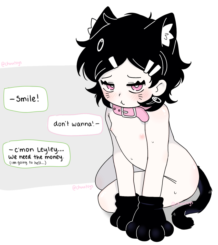 1girl 1other animal_ear_fluff animal_ears animal_hands ashley_graves black_hair blush cat_ears cat_girl cat_tail chuutoys closed_mouth collar earrings english_text flat_chest gloves hair_ornament hairclip highres implied_prostitution jewelry loli looking_at_viewer nipples nude paw_gloves pet_play pink_collar pink_eyes simple_background sitting slave solo speech_bubble tail the_coffin_of_andy_and_leyley white_background