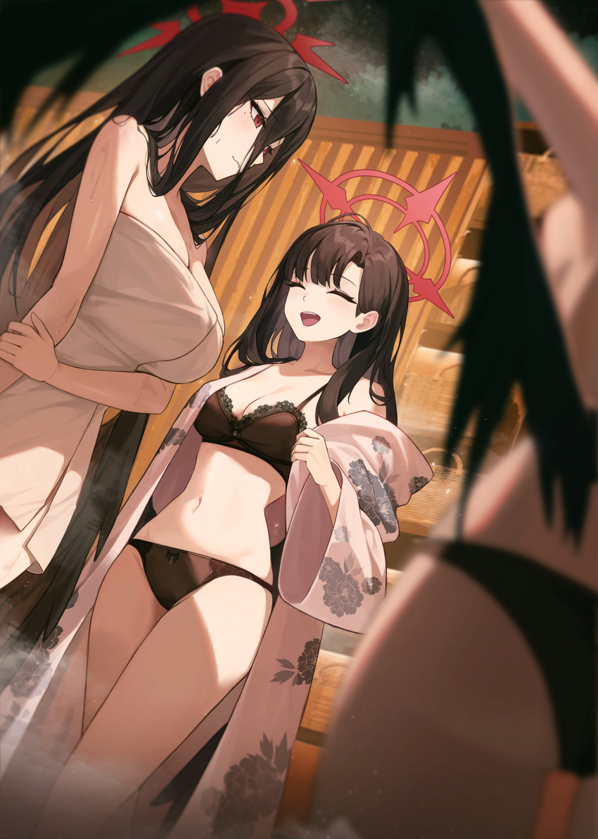 3girls absurdres black_bra black_hair black_panties black_wings blue_archive blurry bra breasts changing_room cleavage closed_eyes commentary_request depth_of_field feathered_wings halo hand_on_own_arm hasumi_(blue_archive) highres ichika_(blue_archive) japanese_clothes justice_task_force_(blue_archive) jw_(wrdawrda) kimono lace lace-trimmed_bra lace_trim large_breasts long_hair low_wings multiple_girls naked_towel open_mouth panties red_eyes red_halo smile towel tsurugi_(blue_archive) underwear undressing wings